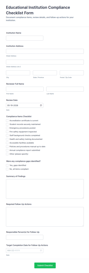 Educational Institution Compliance Checklist Form Template
