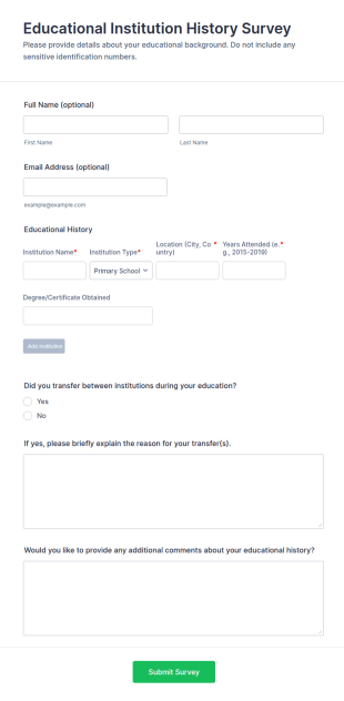 Educational Institution History Survey Form Template