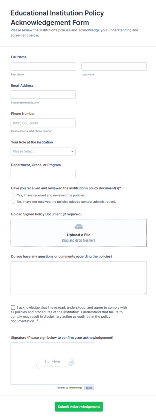 Educational Institution Policy Acknowledgement Form Template