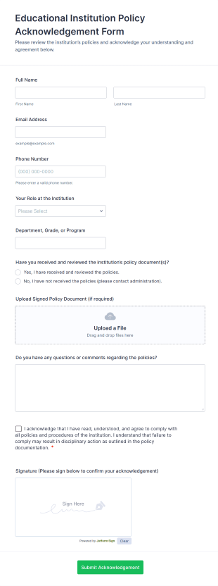 Educational Institution Policy Acknowledgement Form Template