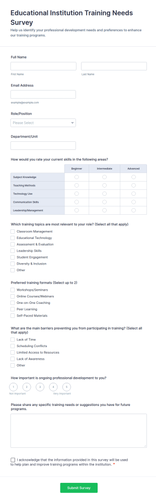 Educational Institution Training Needs Survey Form Template