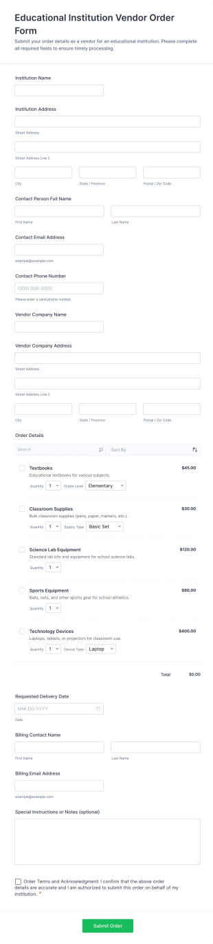 Educational Institution Vendor Order Form Template