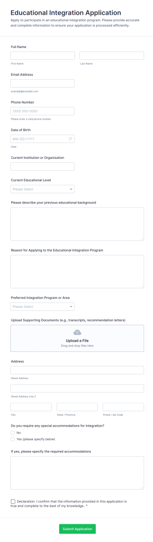 Educational Integration Application Form Template