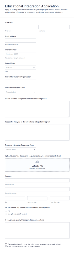 Educational Integration Application Form Template