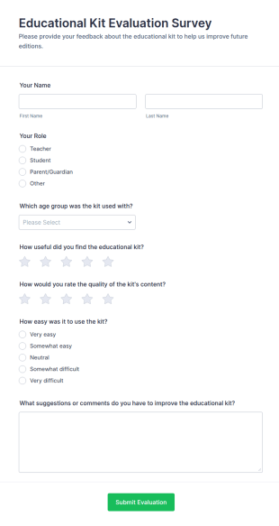 Educational Kit Evaluation Survey Form Template