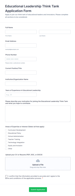 Educational Leadership Think Tank Application Form Form Template