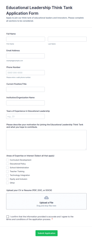 Educational Leadership Think Tank Application Form Template
