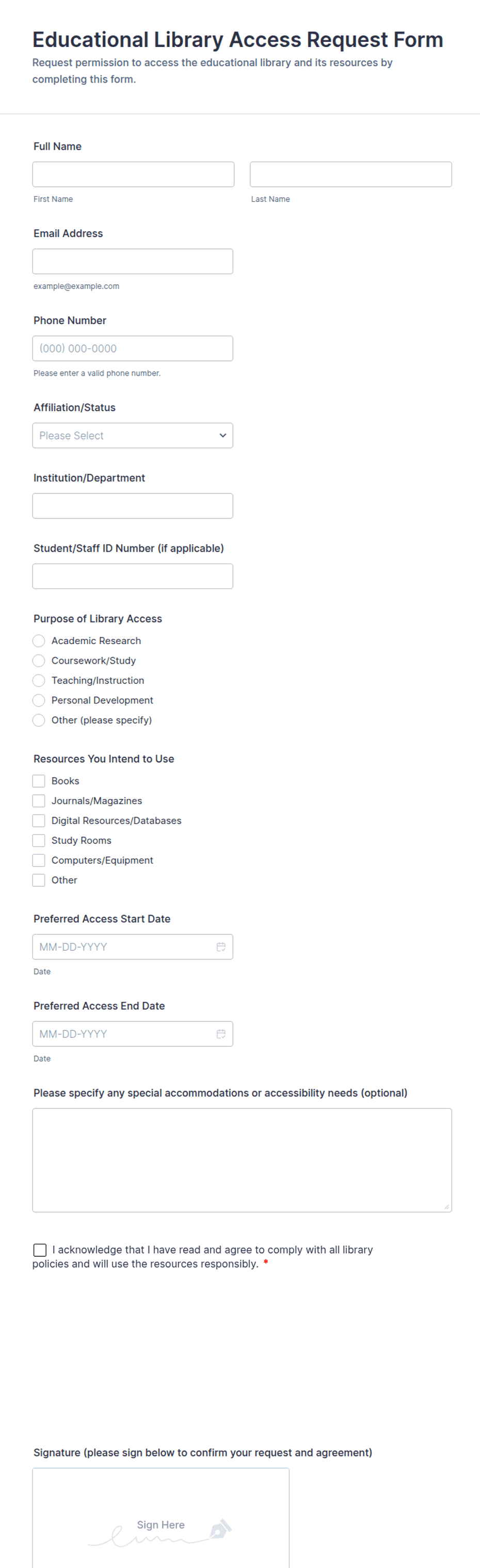 Educational Library Access Request Form Template | Jotform