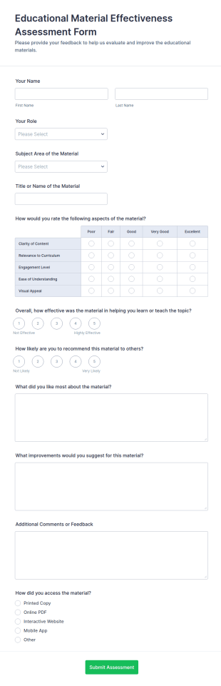 Educational Material Effectiveness Assessment Form Template