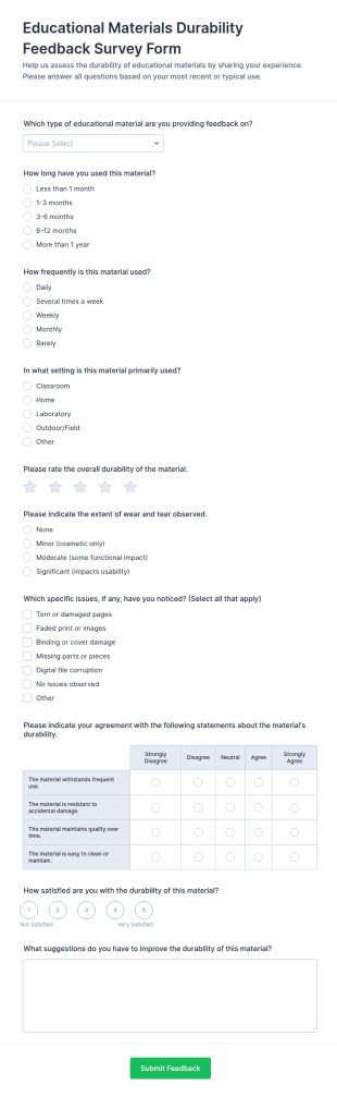 Educational Materials Durability Feedback Survey Form Template