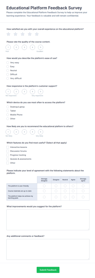 Educational Platform Feedback Survey Form Template