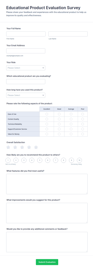 Educational Product Evaluation Survey Form Template