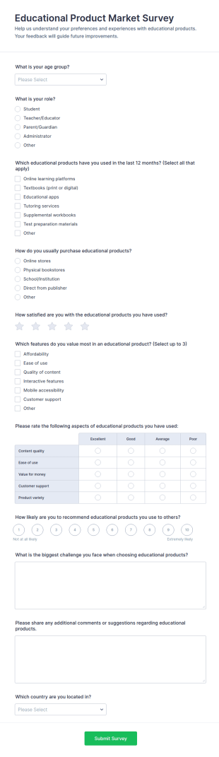 Educational Product Market Survey Form Template