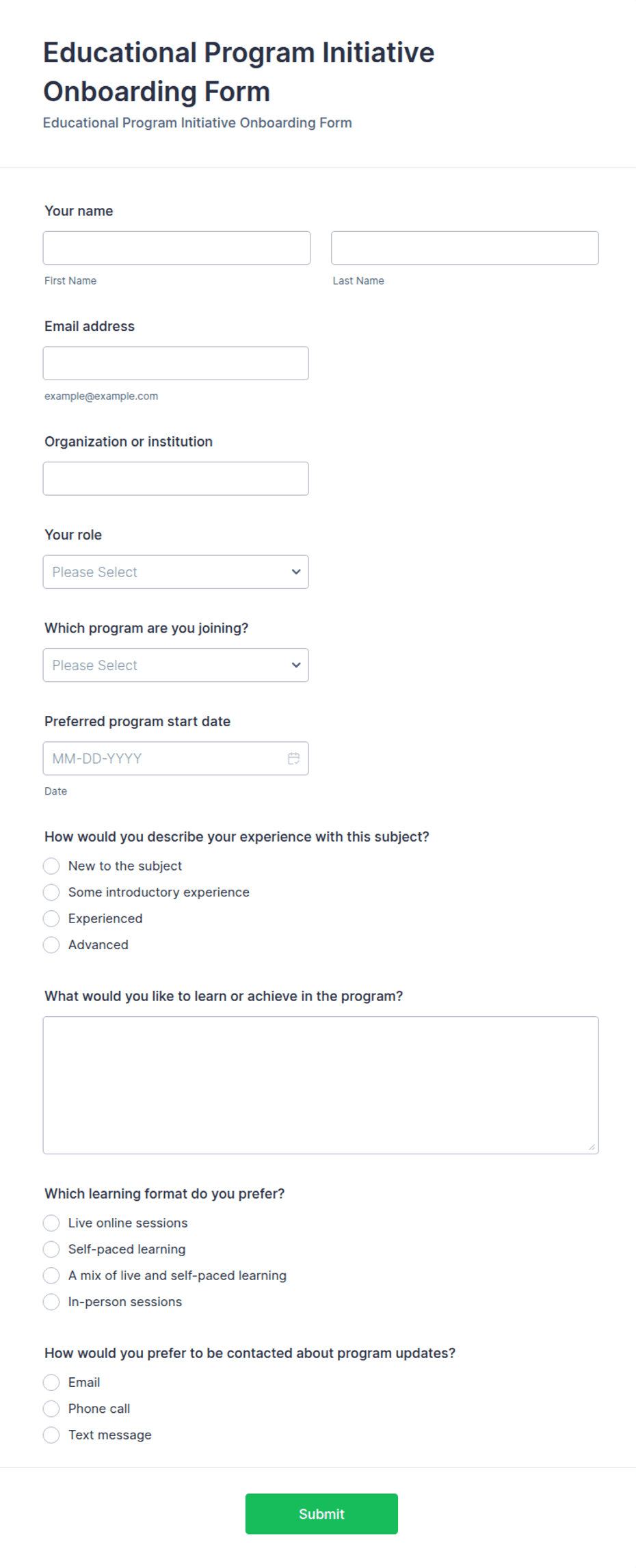 Educational Program Initiative Onboarding Form Template | Jotform