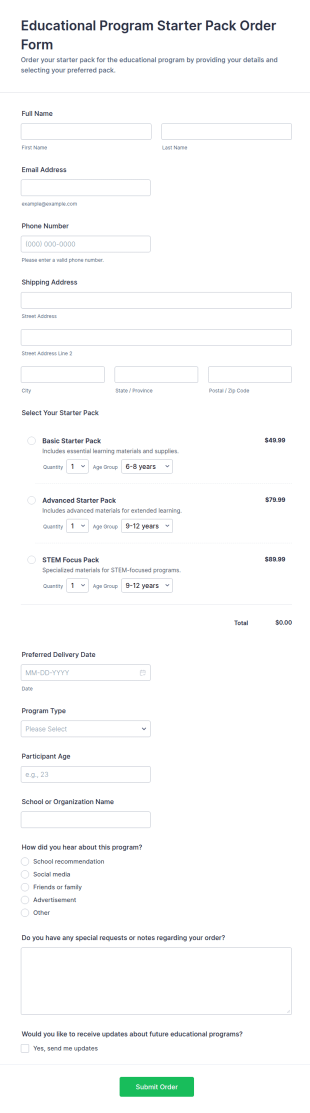 Educational Program Starter Pack Order Form Template