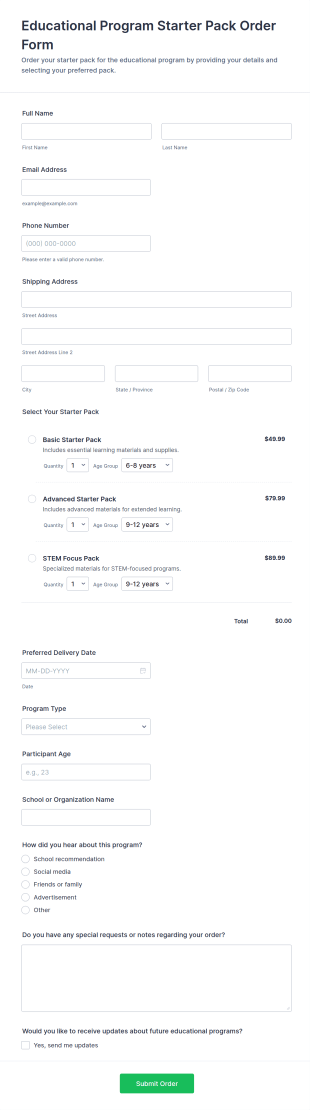 Educational Program Starter Pack Order Form Template