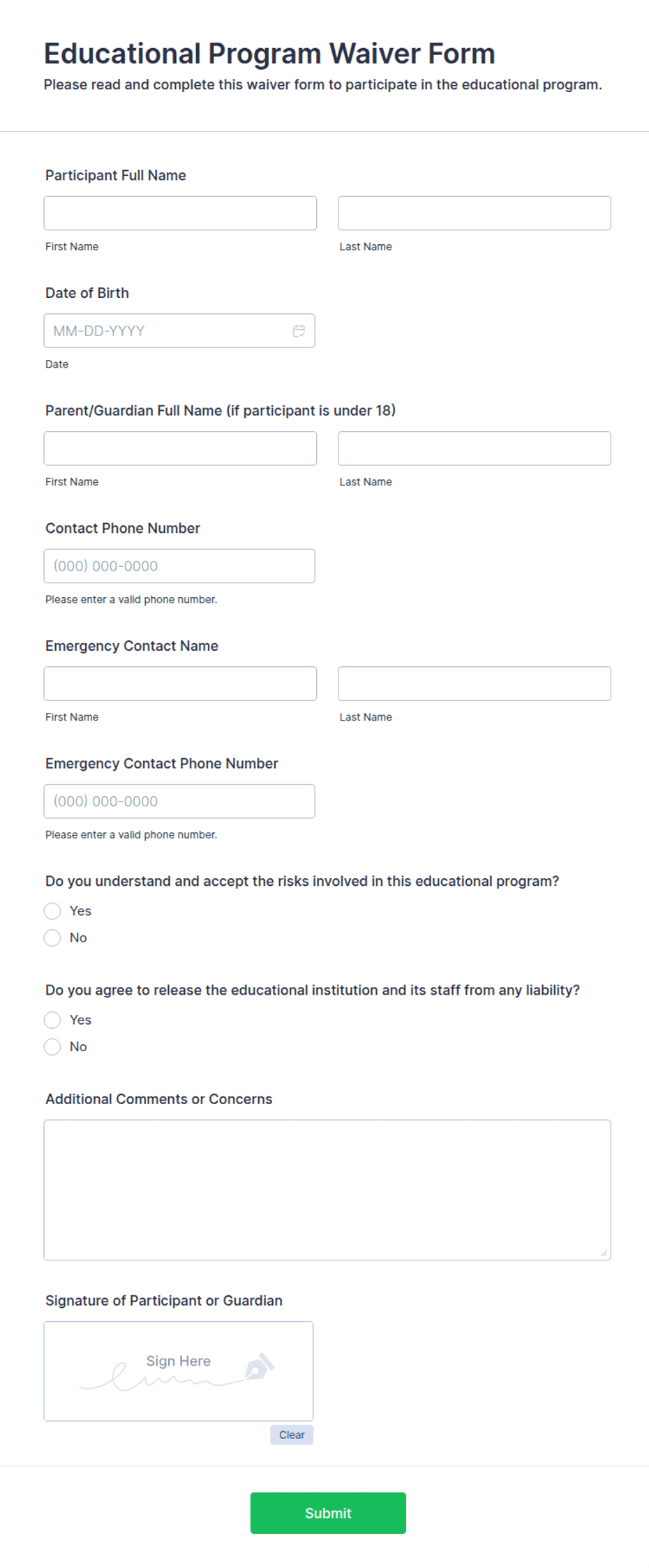 College Waiver Example Educational Program Waiver Form Template | Jotform