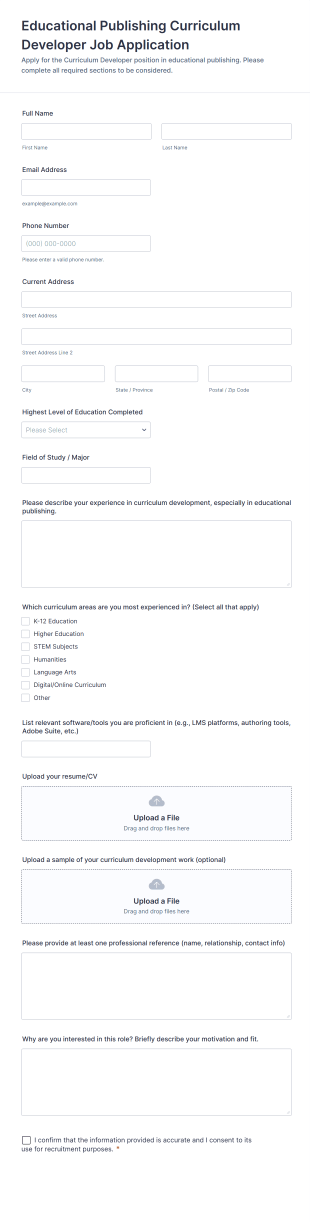 Educational Publishing Curriculum Developer Job Application Form Template