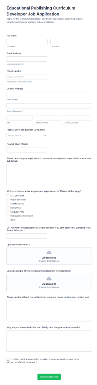 Educational Publishing Curriculum Developer Job Application Form Template