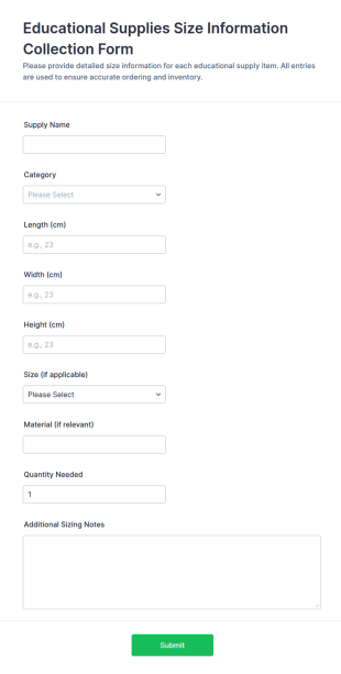 Educational Supplies Size Information Collection Form Template
