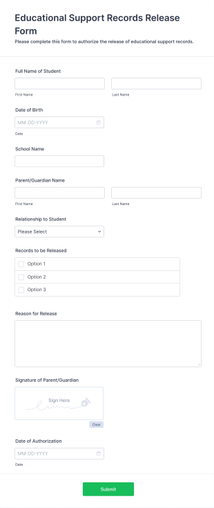 Educational Support Records Release Form Template