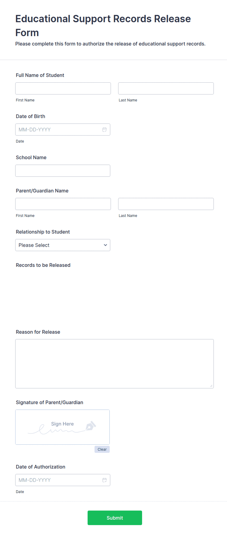 Ece Form Educational Support Records Release Form Template | Jotform