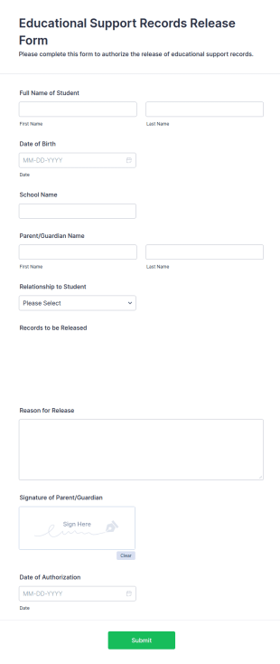 Educational Support Records Release Form Template