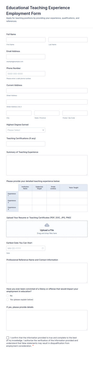 Educational Teaching Experience Employment Form Template