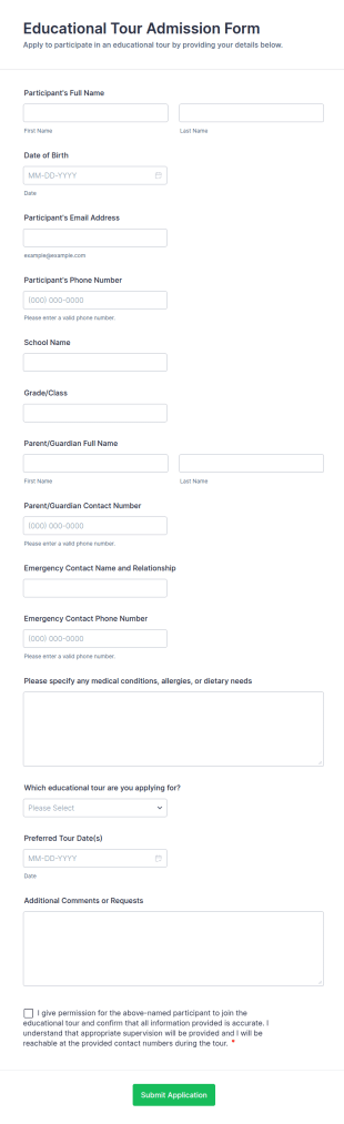 Educational Tour Admission Form Template