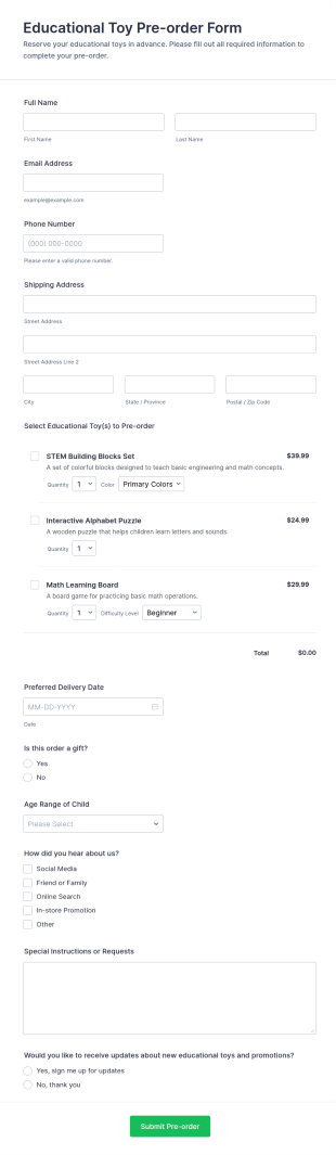 Educational Toy Pre Order Form Template