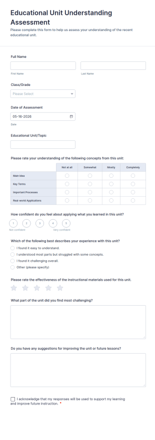 Educational Unit Understanding Assessment Form Template