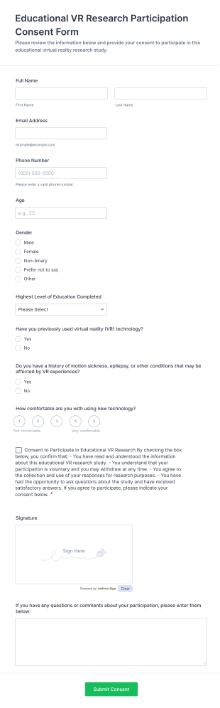 Educational VR Research Participation Consent Form Template