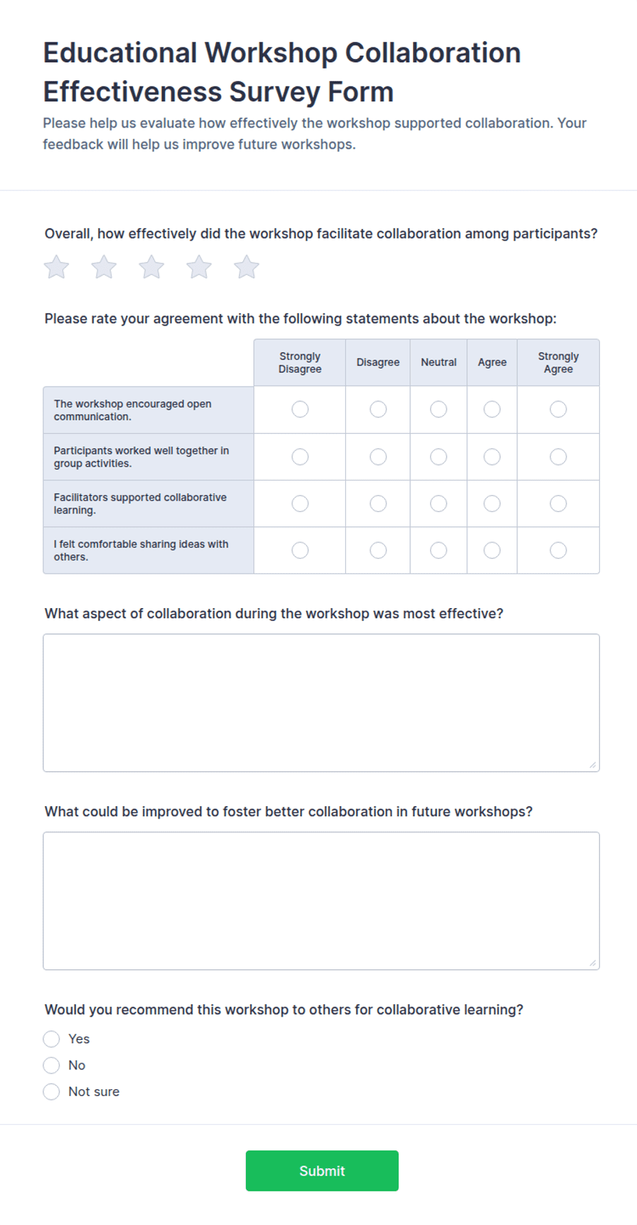 Educational Workshop Collaboration Effectiveness Survey Form Template ...