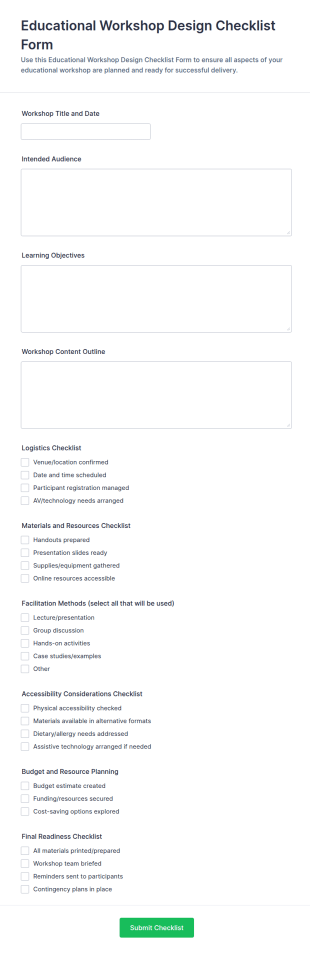 Educational Workshop Design Checklist Form Template