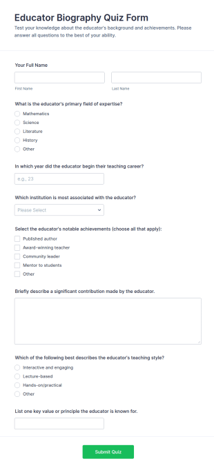 Educator Biography Quiz Form Template