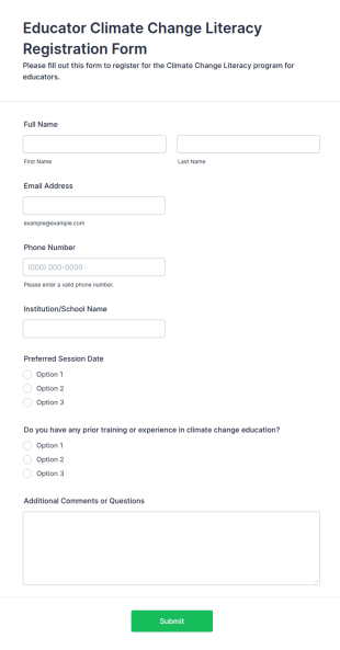 Educator Climate Change Literacy Registration Form Template