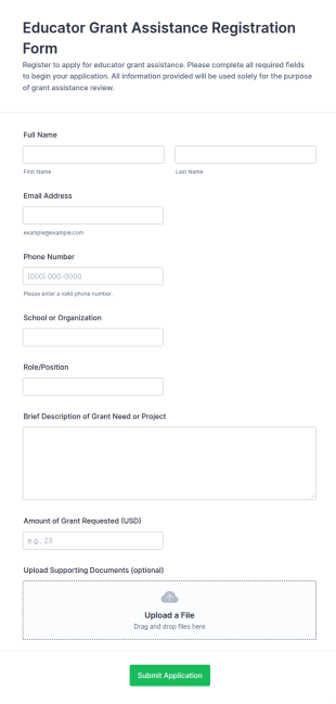 Educator Grant Assistance Registration Form Template