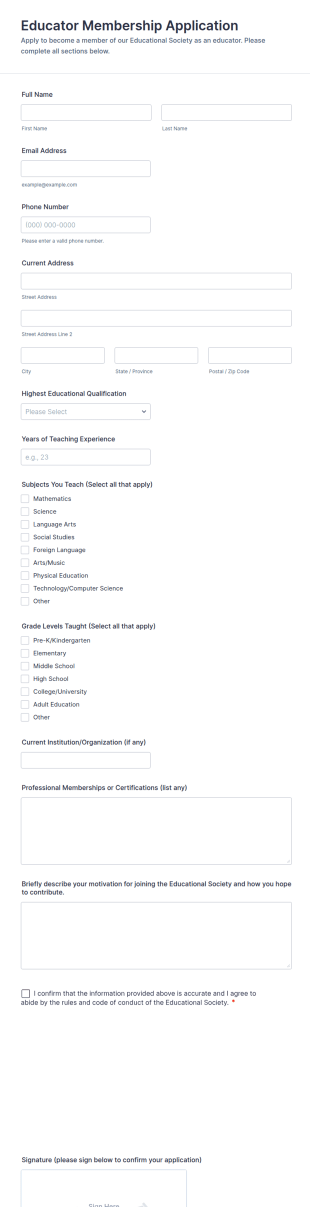 Educator Membership Application Form Template