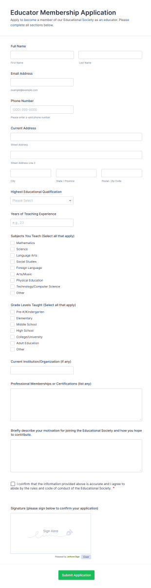 Educator Membership Application Form Template