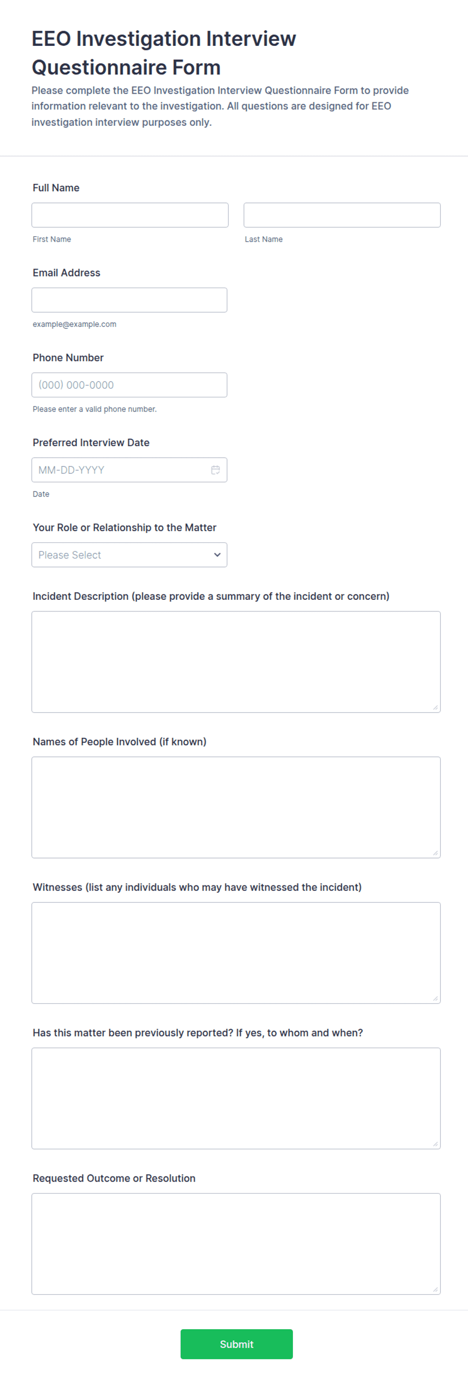 EEO Investigation Interview Questionnaire Form Template | Jotform