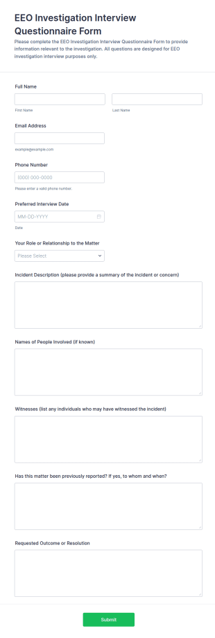 EEO Investigation Interview Questionnaire Form Template