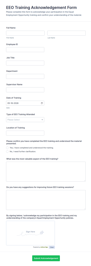 EEO Training Acknowledgement Form Template