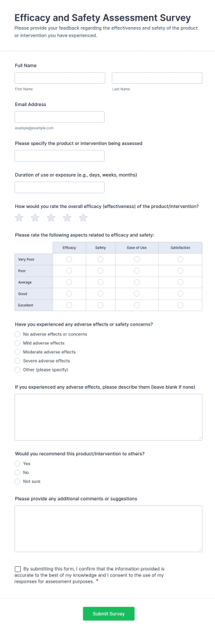 Efficacy And Safety Assessment Survey Form Template