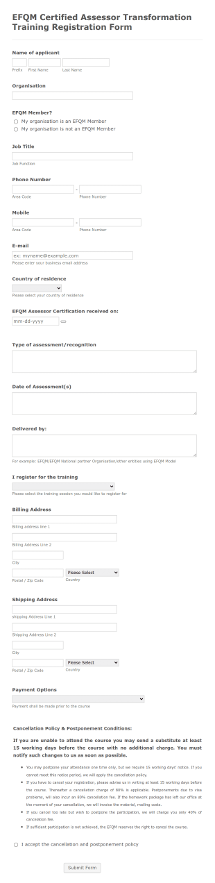 Certified Assessor Transformation Training Registration Form Template