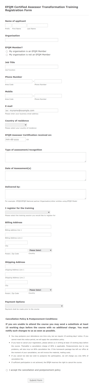 Certified Assessor Transformation Training Registration Form Template