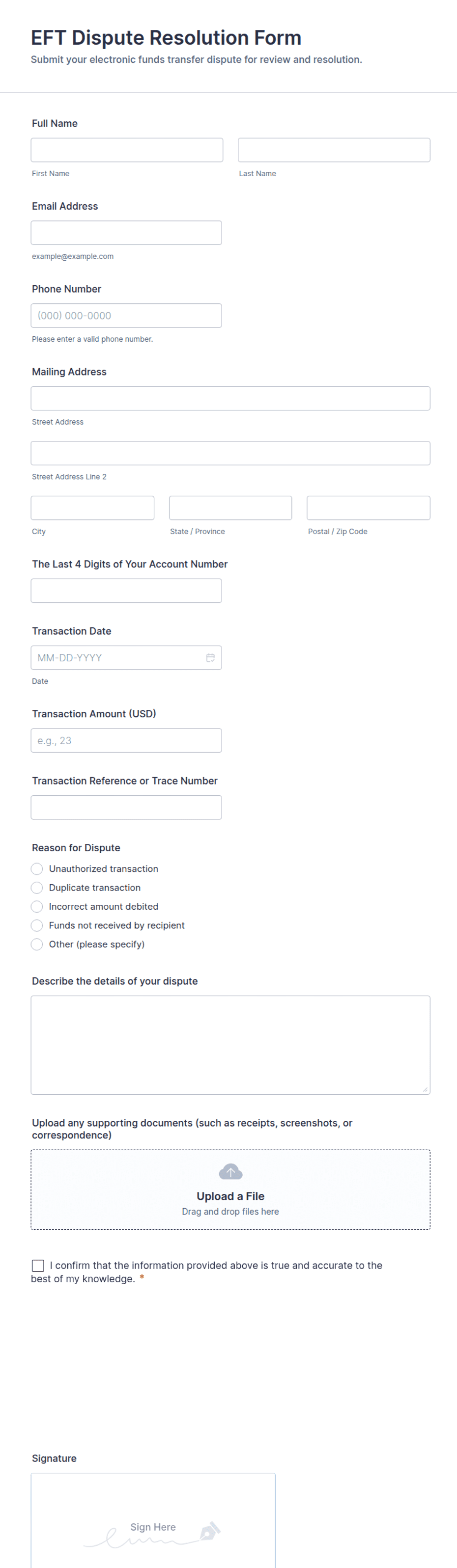 EFT Dispute Resolution Form Template | Jotform