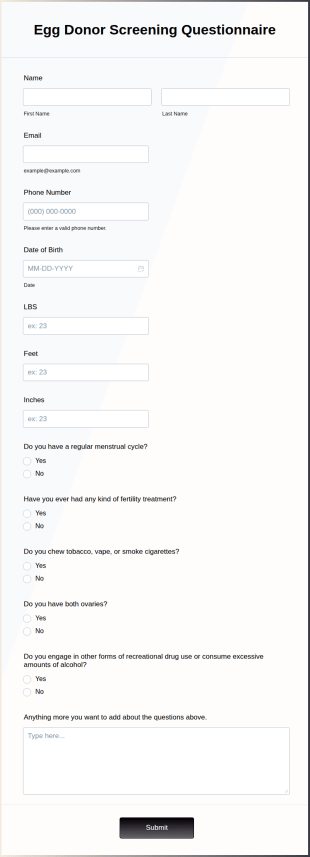 Egg Donor Screening Questionnaire Form Template
