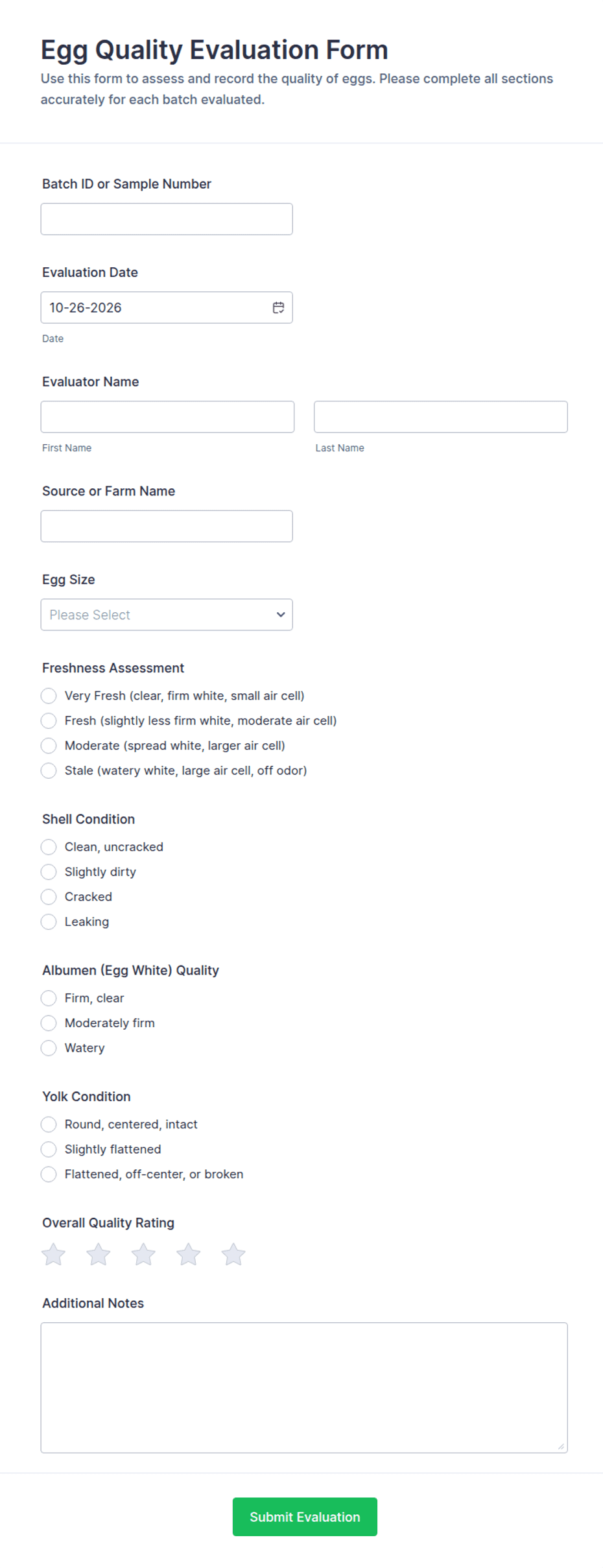 Egg Quality Evaluation Form Template | Jotform