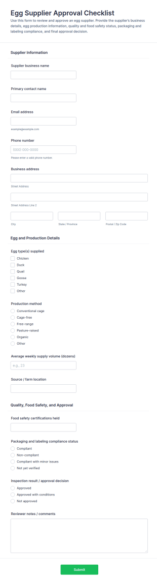 Egg Supplier Approval Checklist Form Template