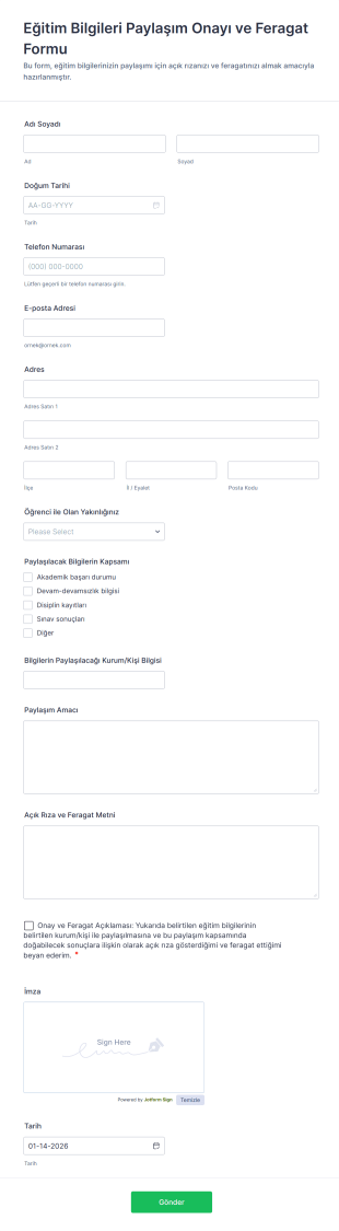 Eğitim Bilgileri Paylaşım Onayı Ve Feragat Form Template